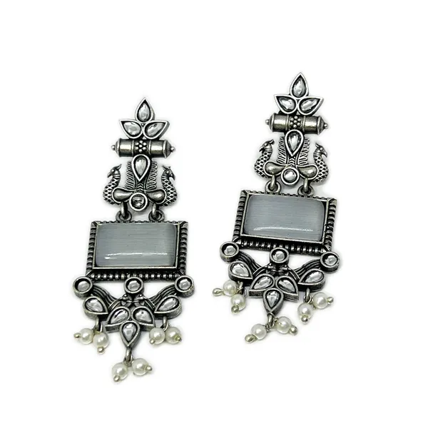 White_Women'S_Monalisa_Stone_Peacock_Earrings_-_Oxidized_Finish,_Brass,_Silver_Replica,_Exquisite_Oxidised_Peacock_Earring