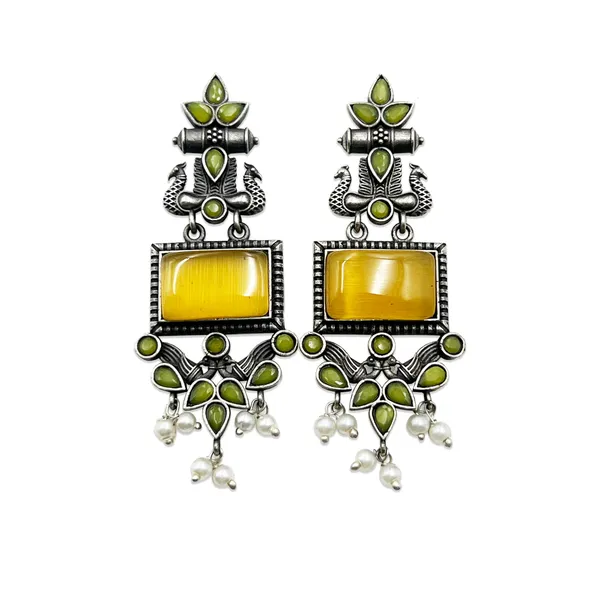 Yellow_Monalisa_Stone_Peacock_Earrings_-_Oxidized_Finish,_Brass,_Silver_Replica,_Exquisite_Oxidised_Peacock_Earring