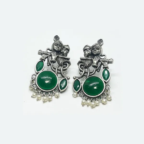 Green_Oxidized_Radha_Krishna_Earrings_For_Krishna_Janmashtami_And_Garba_Celebrations_With_Monalisa_Stone_-_Divine_Bond_Celebration_Earring