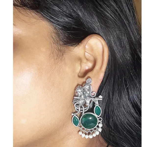 Green_Oxidized_Radha_Krishna_Earrings_For_Krishna_Janmashtami_And_Garba_Celebrations_With_Monalisa_Stone_-_Divine_Bond_Celebration_Earring