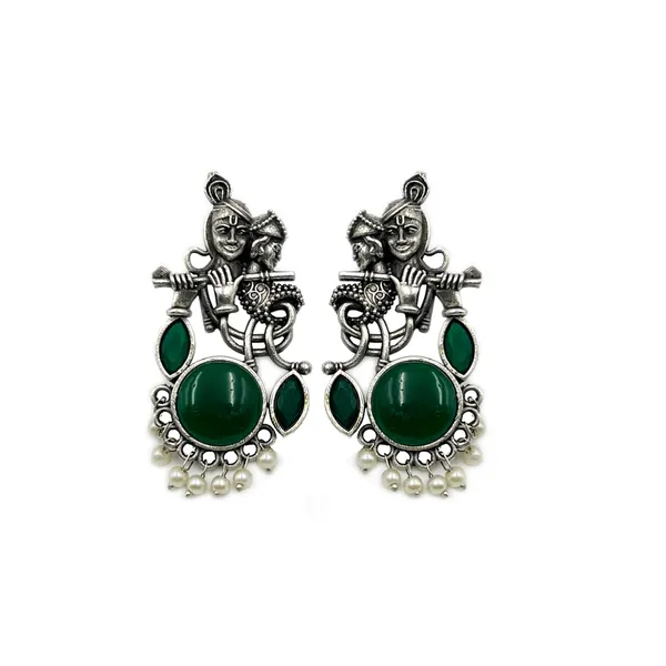 Green_Oxidized_Radha_Krishna_Earrings_For_Krishna_Janmashtami_And_Garba_Celebrations_With_Monalisa_Stone_-_Divine_Bond_Celebration_Earring