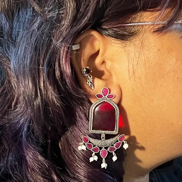 Maroon_Crescent_Moon_Chandbali_Earrings_|_Oxidised_Finish_Brass_Silver_Replica,_Mona_Lisa_Statement_Dangler_Earrings_In_Many_Colors_For_Women_&_Girls