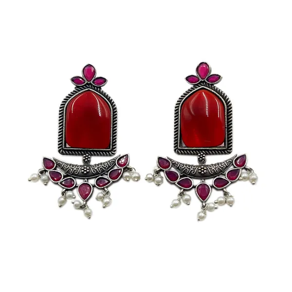 Maroon_Crescent_Moon_Chandbali_Earrings_|_Oxidised_Finish_Brass_Silver_Replica,_Mona_Lisa_Statement_Dangler_Earrings_In_Many_Colors_For_Women_&_Girls