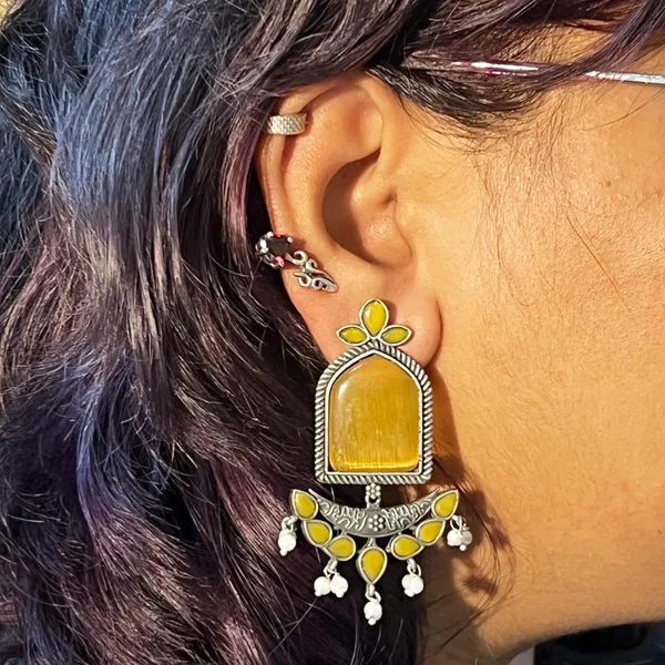 Yellow_Crescent_Moon_Chandbali_Earrings_|_Oxidised_Finish_Brass_Silver_Replica,_Mona_Lisa_Statement_Dangler_Earrings_In_Many_Colors_For_Women_&_Girls