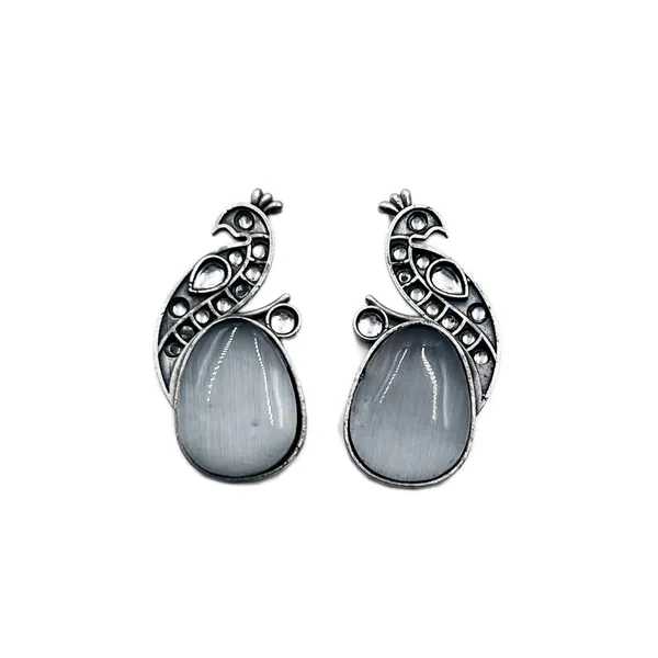 Grey_Oxidised_Silver_Peacock_Stud_Earrings_|_Brass_Mayura_Drop_Earrings_|_Mona_Lisa_Bird_Earrings_In_Grey