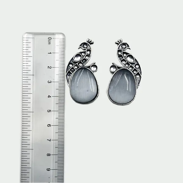 Grey_Oxidised_Silver_Peacock_Stud_Earrings_|_Brass_Mayura_Drop_Earrings_|_Mona_Lisa_Bird_Earrings_In_Grey