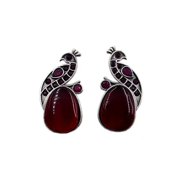 Maroon_Oxidised_Silver_Peacock_Stud_Earrings_|_Brass_Mayura_Drop_Earrings_|_Mona_Lisa_Bird_Earrings_In_Many_Colors_For_Women_&_Girls
