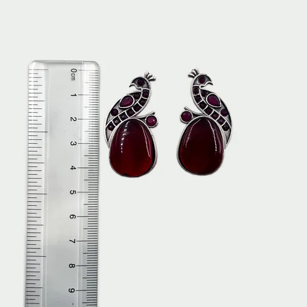 Maroon_Oxidised_Silver_Peacock_Stud_Earrings_|_Brass_Mayura_Drop_Earrings_|_Mona_Lisa_Bird_Earrings_In_Many_Colors_For_Women_&_Girls