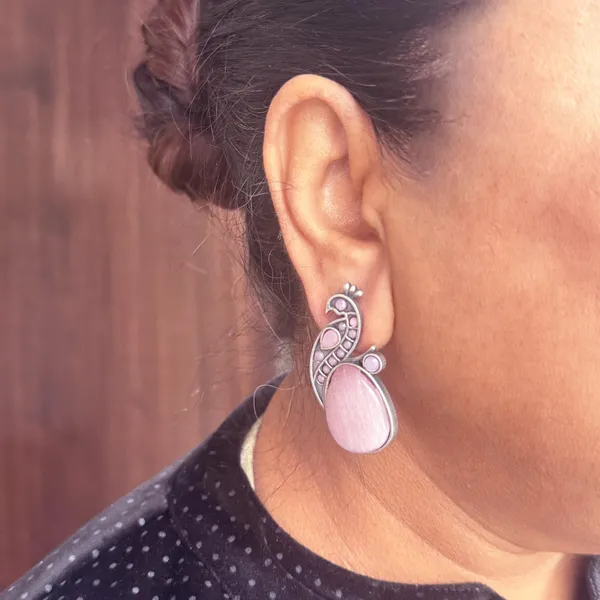 Pink_Oxidised_Silver_Peacock_Stud_Earrings_|_Brass_Mayura_Drop_Earrings_|_Mona_Lisa_Bird_Earrings_In_Pink_For_Women_&_Girls