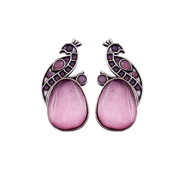 Pink_Oxidised_Silver_Peacock_Stud_Earrings_|_Brass_Mayura_Drop_Earrings_|_Mona_Lisa_Bird_Earrings_In_Pink_For_Women_&_Girls