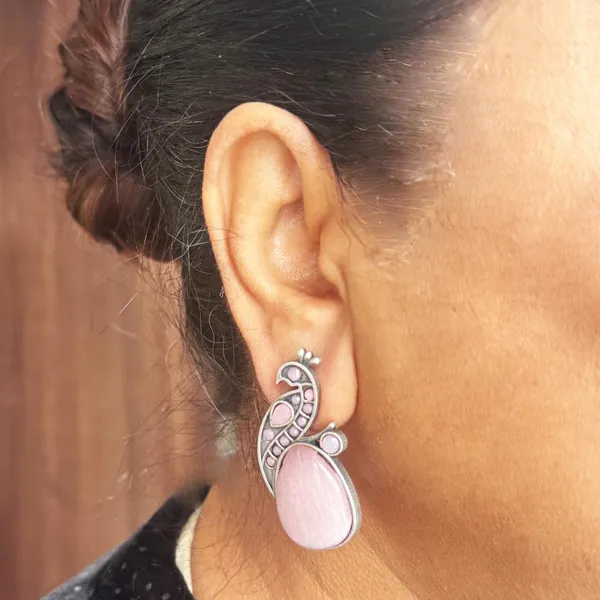 Pink_Oxidised_Silver_Peacock_Stud_Earrings_|_Brass_Mayura_Drop_Earrings_|_Mona_Lisa_Bird_Earrings_In_Pink_For_Women_&_Girls
