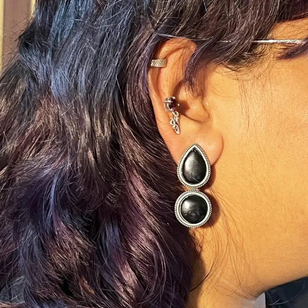 Black_Dual_Mona_Lisa_Drop_&_Round_Stud_Earrings_|_Oxidised_Brass_Silver_Replica,_Look_Medium-Size_Earrings_Many_Colors_For_Women_&_Girls