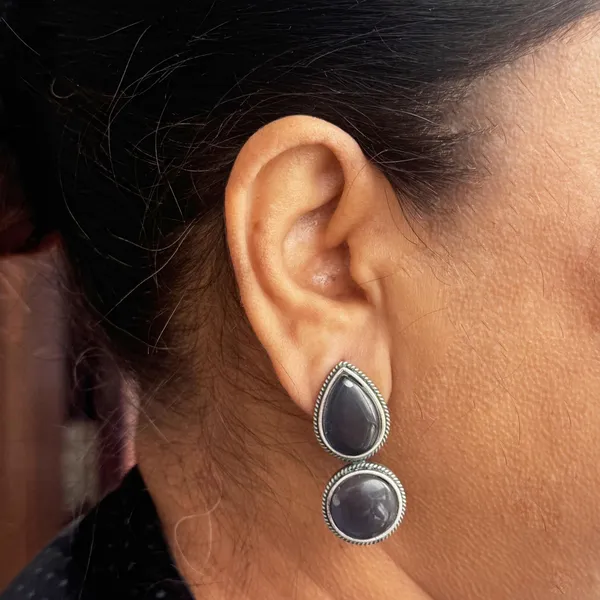 Black_Dual_Mona_Lisa_Drop_&_Round_Stud_Earrings_|_Oxidised_Brass_Silver_Replica,_Look_Medium-Size_Earrings_Many_Colors_For_Women_&_Girls