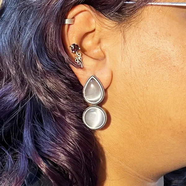 Grey_Dual_Mona_Lisa_Drop_&_Round_Stud_Earrings_|_Oxidised_Brass_Silver_Replica,_Look_Medium-Size_Earrings_Many_Colors_For_Women_&_Girls