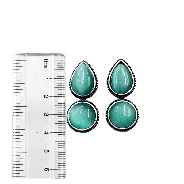 Mint_Dual_Mona_Lisa_Drop_&_Round_Stud_Earrings_|_Oxidised_Brass_Silver_Replica,_Look_Medium-Size_Earrings_Many_Colors_For_Women_&_Girls
