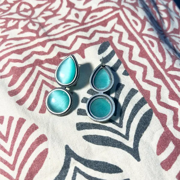 Mint_Dual_Mona_Lisa_Drop_&_Round_Stud_Earrings_|_Oxidised_Brass_Silver_Replica,_Look_Medium-Size_Earrings_Many_Colors_For_Women_&_Girls