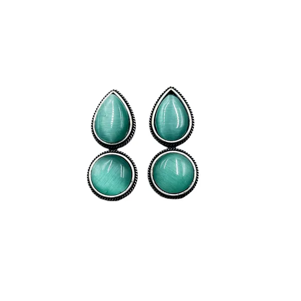 Mint_Dual_Mona_Lisa_Drop_&_Round_Stud_Earrings_|_Oxidised_Brass_Silver_Replica,_Look_Medium-Size_Earrings_Many_Colors_For_Women_&_Girls