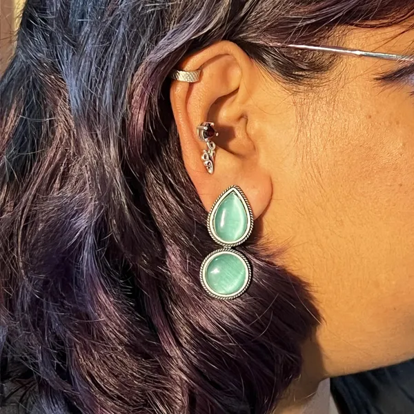 Mint_Dual_Mona_Lisa_Drop_&_Round_Stud_Earrings_|_Oxidised_Brass_Silver_Replica,_Look_Medium-Size_Earrings_Many_Colors_For_Women_&_Girls