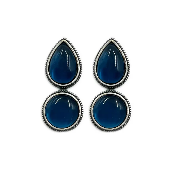 Peacock_Blue_Dual_Mona_Lisa_Drop_&_Round_Stud_Earrings_|_Oxidised_Brass_Silver_Replica,_Look_Medium-Size_Earrings_Many_Colors_For_Women_&_Girls