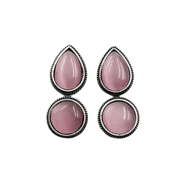 Pink_Dual_Mona_Lisa_Drop_&_Round_Stud_Earrings_|_Oxidised_Brass_Silver_Replica,_Look_Medium-Size_Earrings_Many_Colors_For_Women_&_Girls