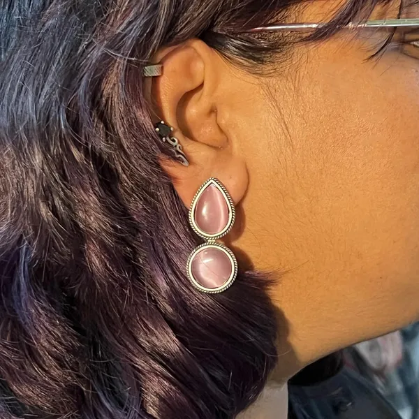 Pink_Dual_Mona_Lisa_Drop_&_Round_Stud_Earrings_|_Oxidised_Brass_Silver_Replica,_Look_Medium-Size_Earrings_Many_Colors_For_Women_&_Girls
