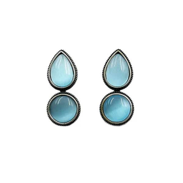Sky_Blue_Dual_Mona_Lisa_Drop_&_Round_Stud_Earrings_|_Oxidised_Brass_Silver_Replica,_Look_Medium-Size_Earrings_Many_Colors_For_Women_&_Girls