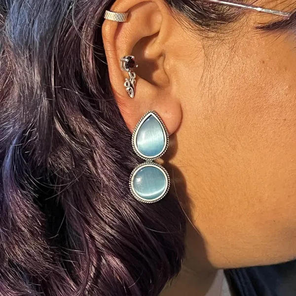 Sky_Blue_Dual_Mona_Lisa_Drop_&_Round_Stud_Earrings_|_Oxidised_Brass_Silver_Replica,_Look_Medium-Size_Earrings_Many_Colors_For_Women_&_Girls