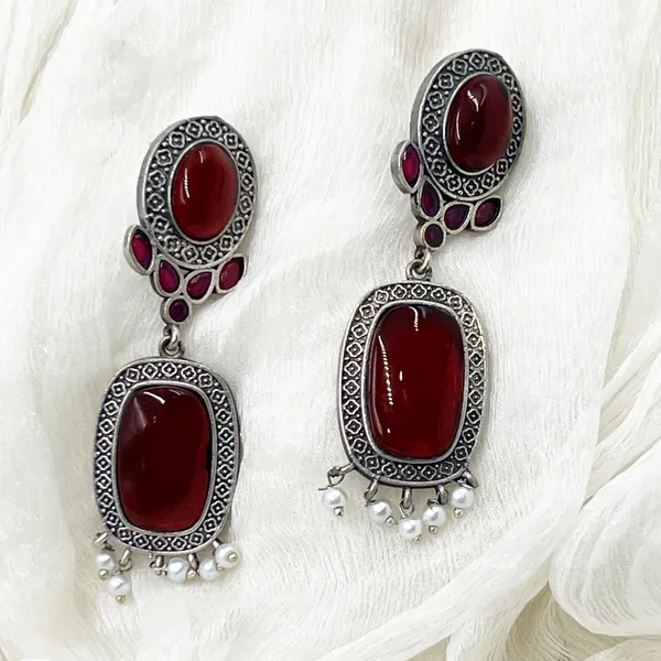Maroon_Oxidised_Silver_Earrings_For_Women_&_Girls_|_Monalisa_Stone_With_Pearl_Drops_|_Traditional_Ethnic_Dangler_Earrings