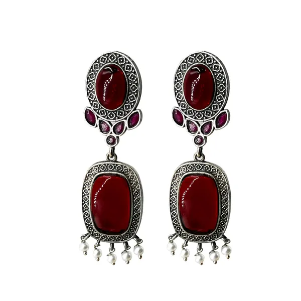 Maroon_Oxidised_Silver_Earrings_For_Women_&_Girls_|_Monalisa_Stone_With_Pearl_Drops_|_Traditional_Ethnic_Dangler_Earrings