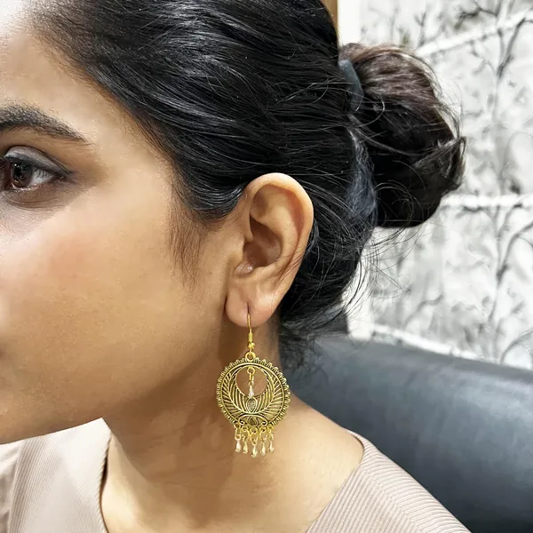 Silver_Antique_Gold_Round_Tribal_Earrings_With_Hanging_Droplets_|_Lightweight_Ethnic_Dangler_For_Women