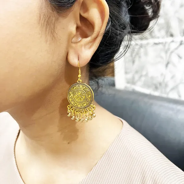 Silver_Antique_Gold_Round_Mandala_Earrings_With_Ghungroo_Drops_|_Traditional_Ethnic_Dangler_For_Women