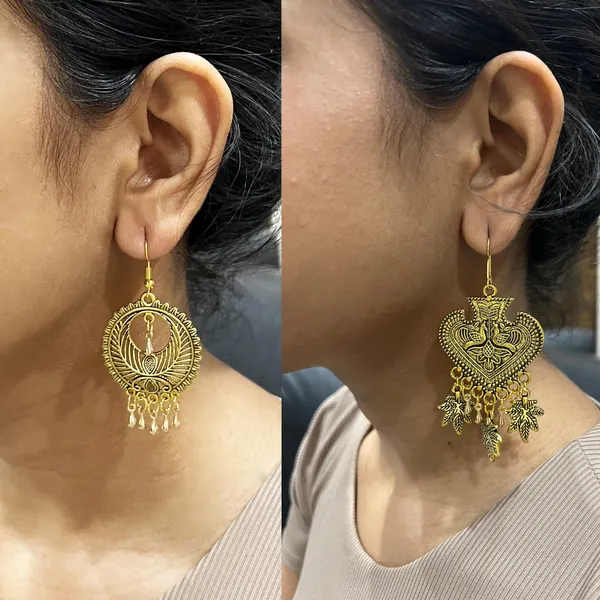 Silver_Combo_Of_2_Oxidised_Golden_Earrings_Heart_Leaf_Drop_&_Circular_Crescent_Design_|_Ethnic_Dangler_Earrings_For_Women_&_Girls