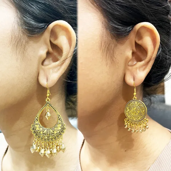 Silver_Combo_Of_2_Antique_Gold_Earrings_Mandala_Stud_&_Teardrop_Jhumki_|_Oxidised_Ethnic_Earring_Set_For_Women_&_Girls