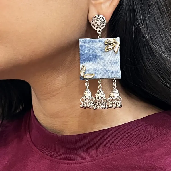 Blue_Handmade_Denim_Square_Oxidized_Earrings_For_Women_|Square_Fabric_Earring_For_Women