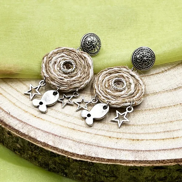 Cream_Handmade_Jute_Circle_Oxidized_Earrings_For_Women_|_Stylish_Fabric_Earring_For_Women