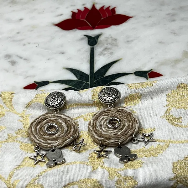 Cream_Handmade_Jute_Circle_Oxidized_Earrings_For_Women_|_Stylish_Fabric_Earring_For_Women