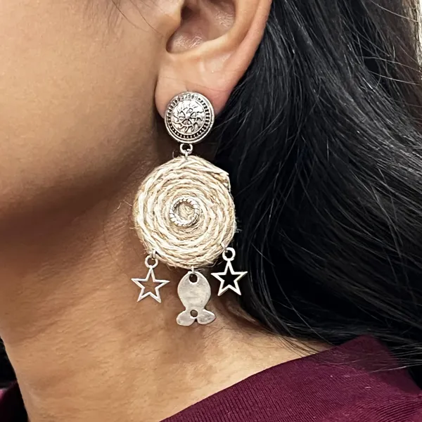 Cream_Handmade_Jute_Circle_Oxidized_Earrings_For_Women_|_Stylish_Fabric_Earring_For_Women