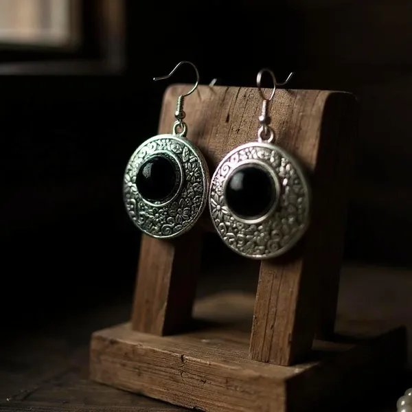 Black_Oxidised_Monalisa_Stone_Earrings_Round_Stone_With_Floral_Carving_Lightweight_Boho_Jewellery_For_Women