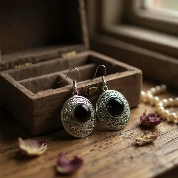 Black_Oxidised_Monalisa_Stone_Earrings_Round_Stone_With_Floral_Carving_Lightweight_Boho_Jewellery_For_Women