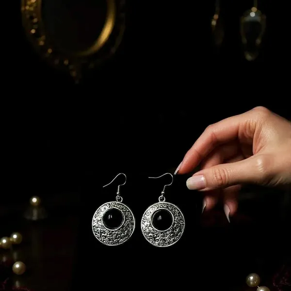Black_Oxidised_Monalisa_Stone_Earrings_Round_Stone_With_Floral_Carving_Lightweight_Boho_Jewellery_For_Women