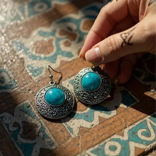 Blue_Oxidised_Monalisa_Stone_Earrings_Round_Stone_With_Floral_Carving_Lightweight_Boho_Jewellery_For_Women