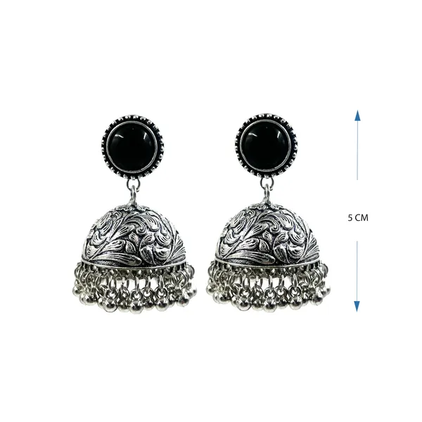 Black_Oxidised_Silver-Color_Dome_Jhumka_Earrings_With_Carved_Floral_Design_And_Bead_Danglers_For_Women_&_Girls