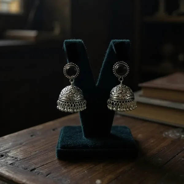 Black_Oxidised_Silver-Color_Dome_Jhumka_Earrings_With_Carved_Floral_Design_And_Bead_Danglers_For_Women_&_Girls