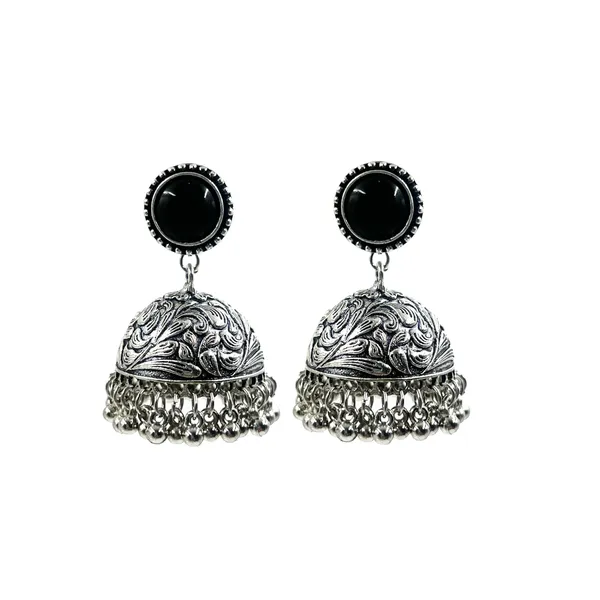 Black_Oxidised_Silver-Color_Dome_Jhumka_Earrings_With_Carved_Floral_Design_And_Bead_Danglers_For_Women_&_Girls