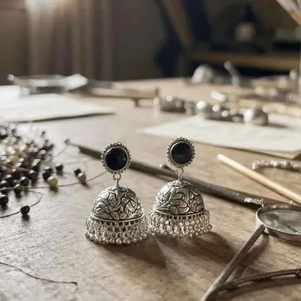 Black_Oxidised_Silver-Color_Dome_Jhumka_Earrings_With_Carved_Floral_Design_And_Bead_Danglers_For_Women_&_Girls