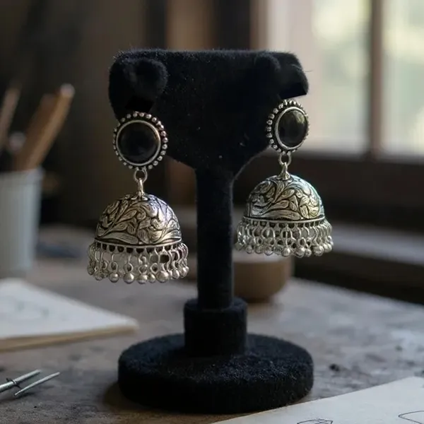 Black_Oxidised_Silver-Color_Dome_Jhumka_Earrings_With_Carved_Floral_Design_And_Bead_Danglers_For_Women_&_Girls