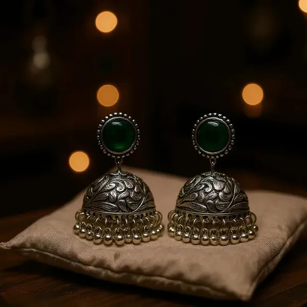 Green_Oxidised_Silver-Color_Dome_Jhumka_Earrings_With_Carved_Floral_Design_And_Bead_Danglers_For_Women_&_Girls
