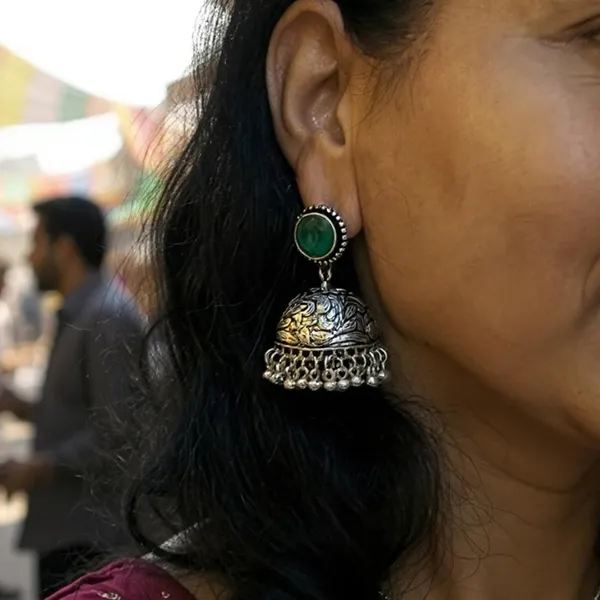 Green_Oxidised_Silver-Color_Dome_Jhumka_Earrings_With_Carved_Floral_Design_And_Bead_Danglers_For_Women_&_Girls