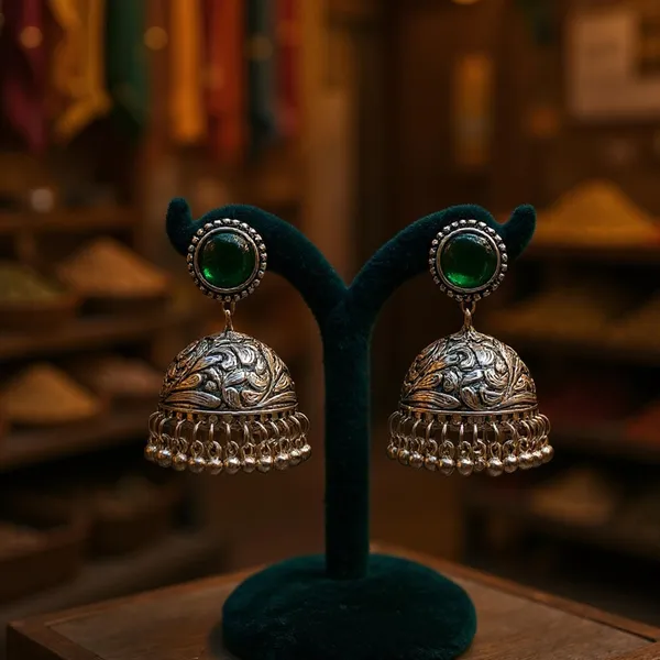 Green_Oxidised_Silver-Color_Dome_Jhumka_Earrings_With_Carved_Floral_Design_And_Bead_Danglers_For_Women_&_Girls
