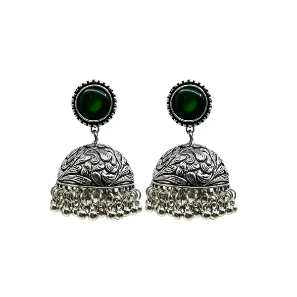 Green_Oxidised_Silver-Color_Dome_Jhumka_Earrings_With_Carved_Floral_Design_And_Bead_Danglers_For_Women_&_Girls